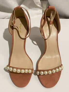 Qupid Women's 7 Tan Stiletto Coquette Chic Pearl Embellished Ankle Strap Heels